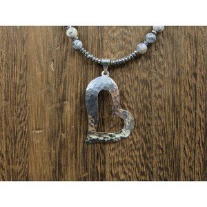20" Sterling Silver Various Stones And Hammered Heart Necklace Vintage